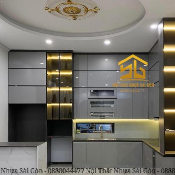 Tủ Bếp Nhựa Đặc Cánh Acrylic Bóng Gương + cánh kính 202