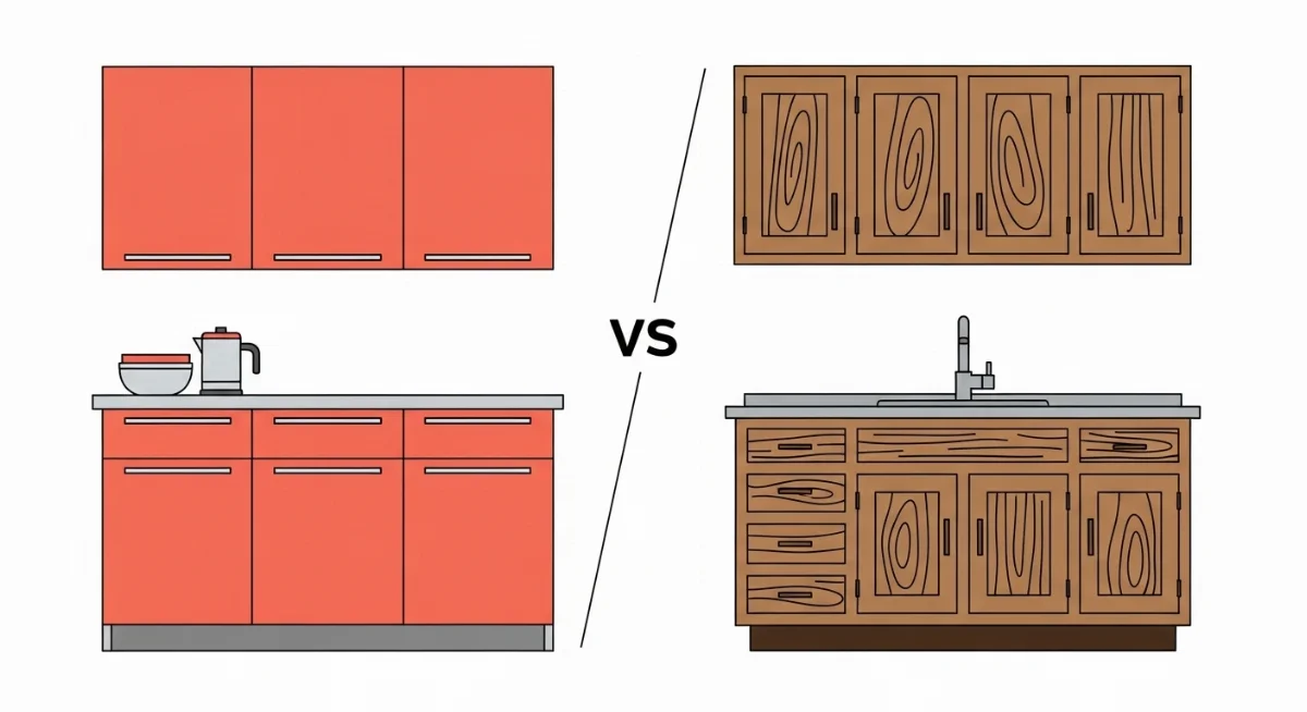 tủ bếp gỗ công nghiệp màu vân gỗ ấm cúng, thiết kế truyền thống