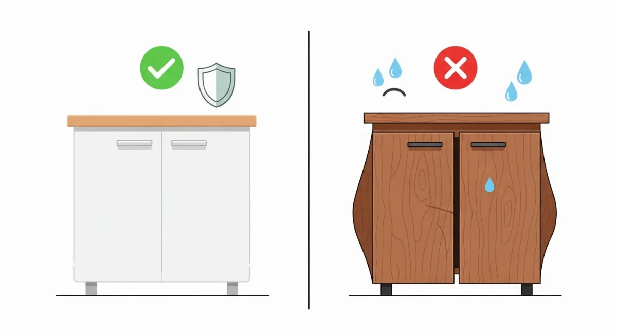 Tủ bếp gỗ công nghiệp màu nâu ấm áp với mặt đá