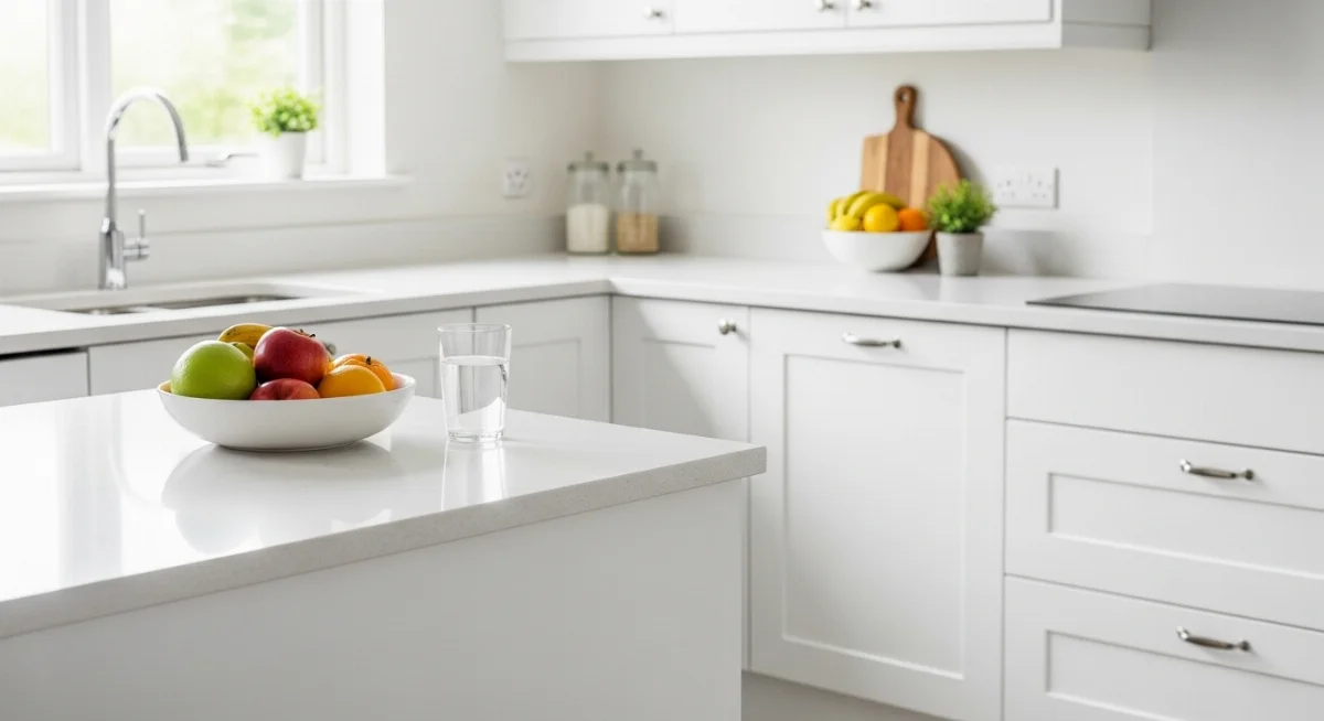 Tủ bếp nhựa cao cấp màu trắng hiện đại, an toàn cho không gian bếp.