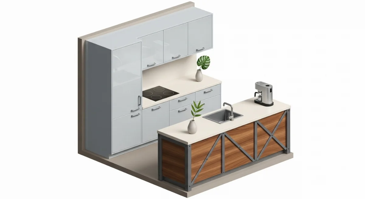 Tủ bếp chữ L tiện nghi kết hợp gỗ công nghiệp và mặt đá