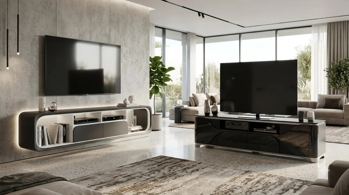 Toàn cảnh kệ tivi nhựa cao cấp treo tường và đặt sàn sang trọng hiện đại Toàn cảnh kệ tivi nhựa cao cấp treo tường và đặt sàn sang trọng hiện đại