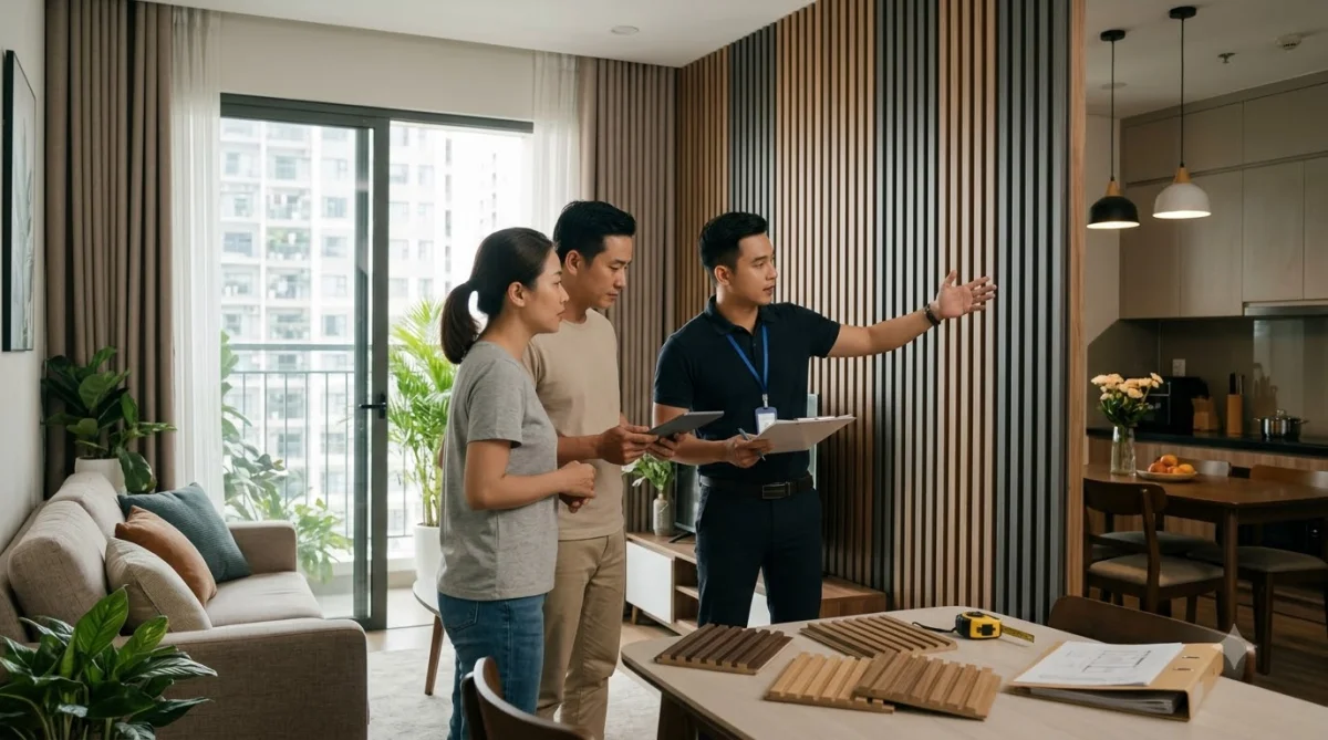 Toàn cảnh báo giá thi công vách ngăn lam sóng nhựa phòng khách và bếp trọn gói TPHCM Toàn cảnh báo giá thi công vách ngăn lam sóng nhựa phòng khách và bếp trọn gói TPHCM