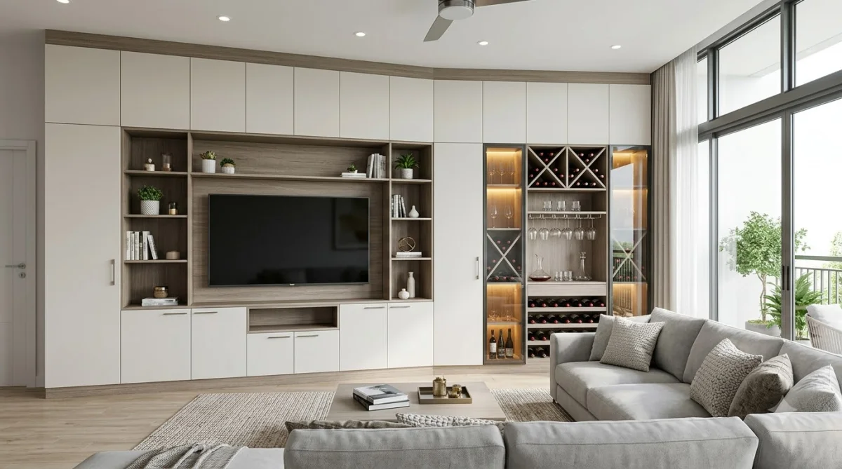 Quy trình thiết kế và thi công kệ tivi nhựa Vincoplast trọn gói Sài Gòn Thành phẩm hoàn thiện báo giá kệ tivi nhựa Vincoplast kết hợp tủ rượu trang trí phòng khách – quy trình thiết kế và thi công kệ tivi nhựa Vincoplast trọn…