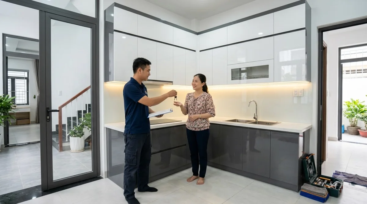 Cận cảnh chi tiết bàn giao tủ bếp nhựa đặc cánh Acrylic cho nhà khách tại Gò Vấp – tổng quan dự án tủ bếp nhựa cánh Acrylic tại Gò Vấp