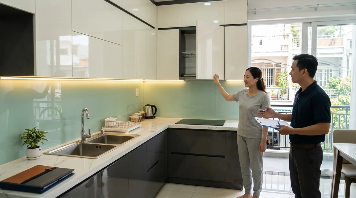 Thành phẩm hoàn thiện bàn giao tủ bếp nhựa đặc cánh Acrylic cho nhà khách tại Gò Vấp – quy trình thi công và nghiệm thu bàn giao thực tế