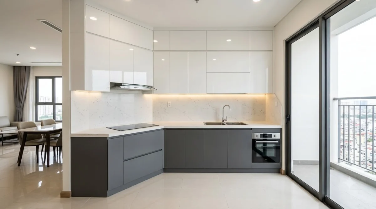 Ứng dụng thực tế bàn giao tủ bếp nhựa đặc cánh Acrylic cho nhà khách tại Gò Vấp – cảm nhận của khách hàng